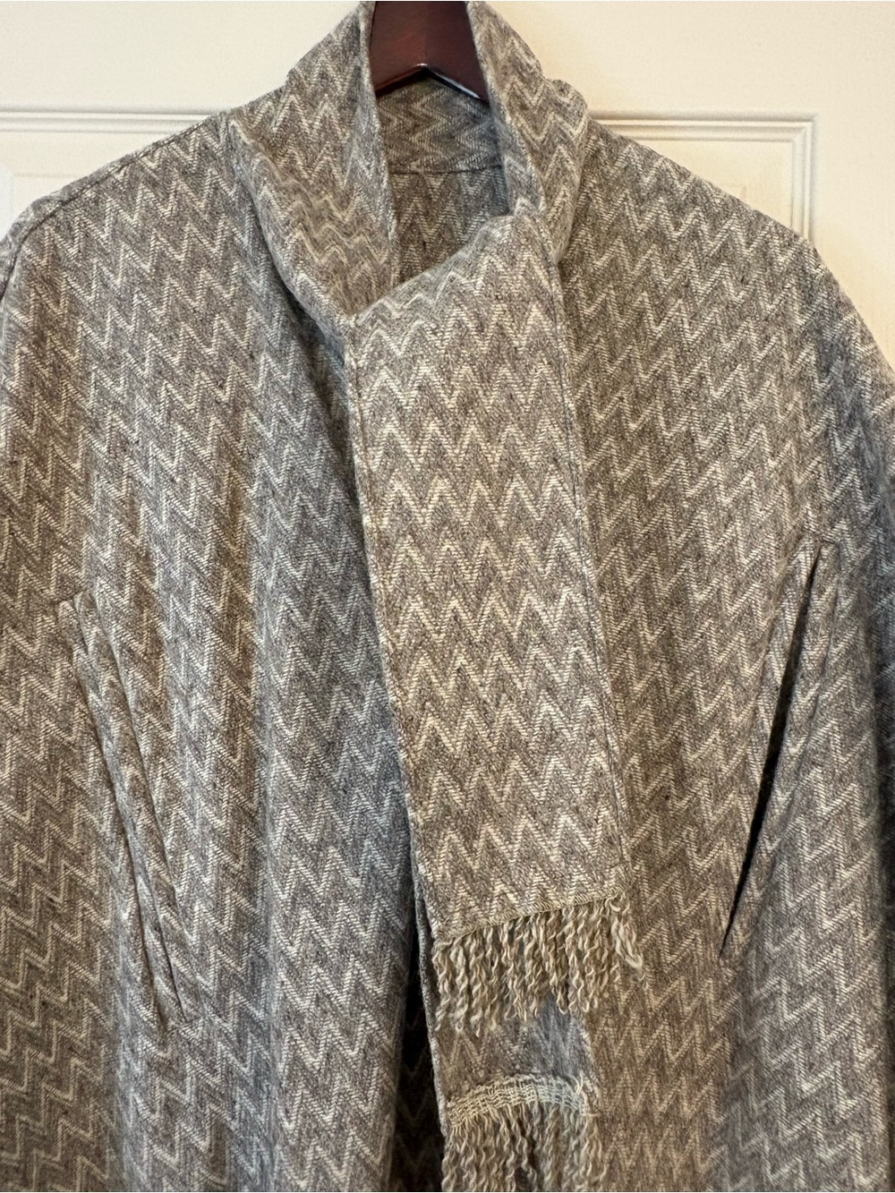 Gray Chevron Knit Cape with Fringe Scarf